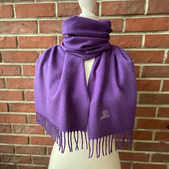 Burberry Cashmere Purple Fringed Logo Scarf Vintage 12”x 60”Made in Scotland - Picture 1 of 12